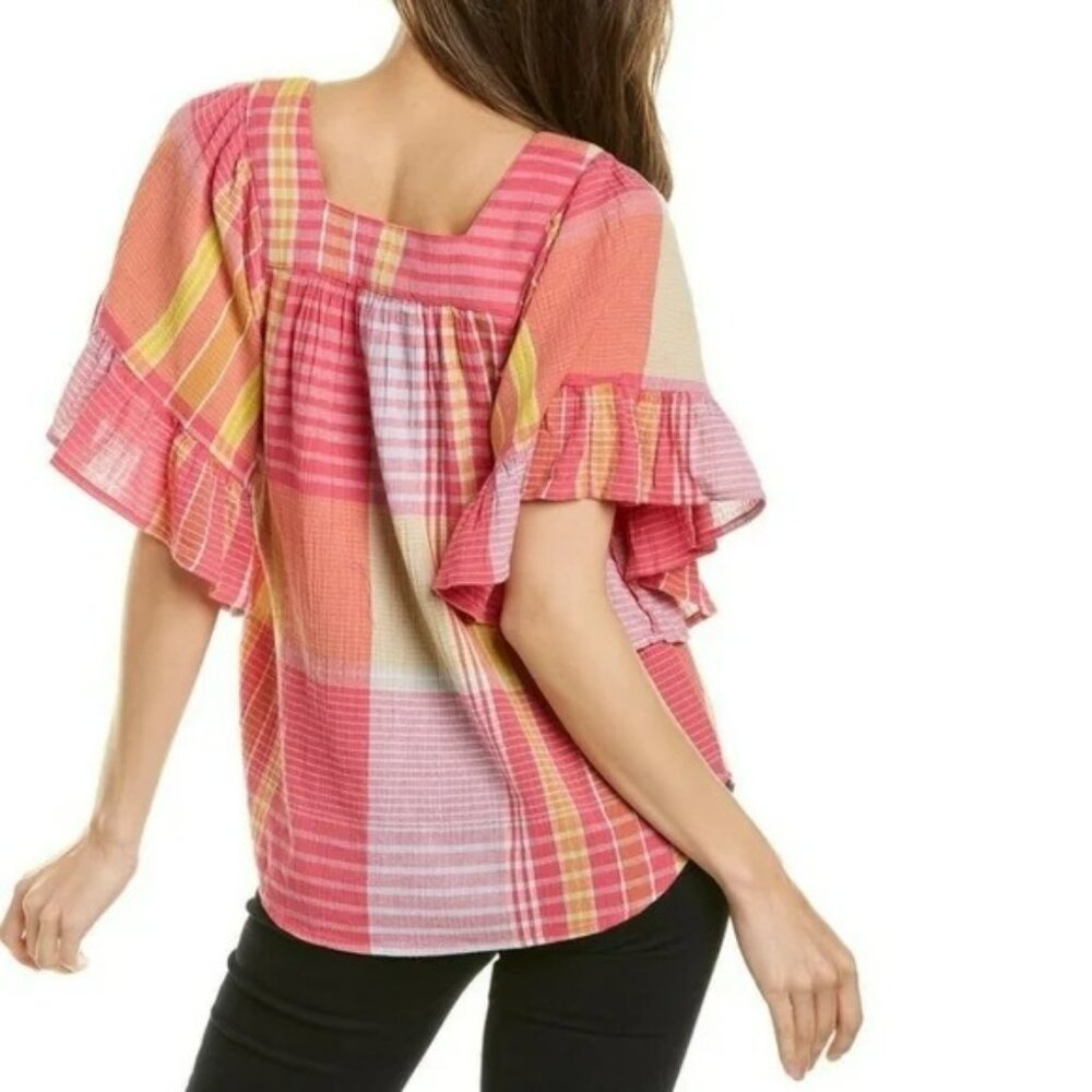 Beachlunchlounge Collection Plaid Boho Flowy Naomi Blouse Women's Medium - Picture 4 of 6
